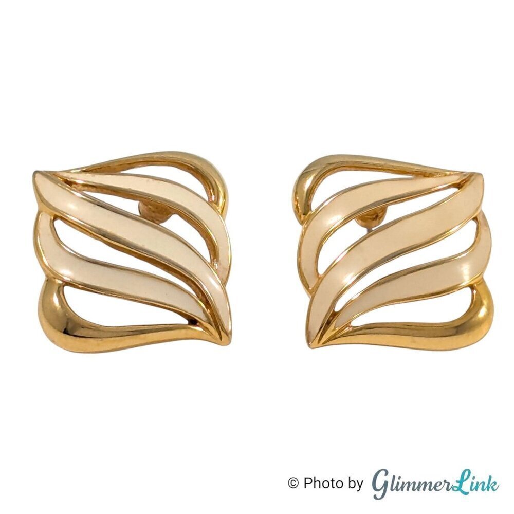 Vintage Monet Cream Enamel Openwork Swirl Wave Gold Tone Pierced Earrings